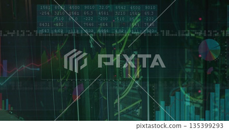 Displaying server rack with network switches, multicolored cables in data center, digital overlays Displaying server rack with network switches, multicolored cables in data center, digital overlays 135399293