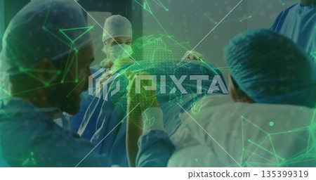 Operating team of four performing surgery on patient at hospital OR, with AR world map overlay Operating team of four performing surgery on patient at hospital OR, with AR world map overlay 135399319