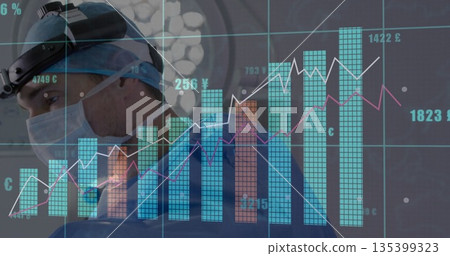 Examining surgeon analyzing overlaid financial data in research lab, with tray of pills, copy space 135399323