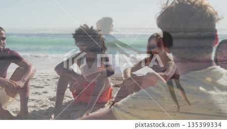 Gathering friends sitting, kid running and adult stretching on sandy beach, with swimwear 135399334