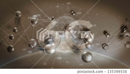 3D network floating over planet horizon, with faint 6G overlay and spheres linked by white lines 3D network floating over planet horizon, with faint 6G overlay and spheres linked by white lines 135399338