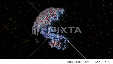 Radiating spherical digital globe streaming colored dots in dark void, with thin light rays Radiating spherical digital globe streaming colored dots in dark void, with thin light rays 135399340