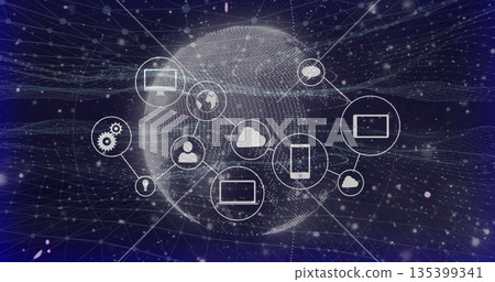 Displaying dotted 3D globe mesh in cyberspace, with device icons, cloud, gear and avatar icons Displaying dotted 3D globe mesh in cyberspace, with device icons, cloud, gear and avatar icons 135399341
