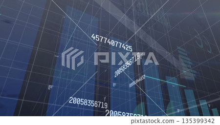 Rendering holographic numeric data figures and wireframe grid in 3D interface, with data bars Rendering holographic numeric data figures and wireframe grid in 3D interface, with data bars 135399342