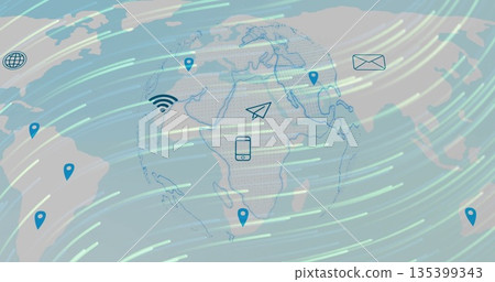 Displaying globe outline in digital network, showing blue location pins and communication icons 135399343