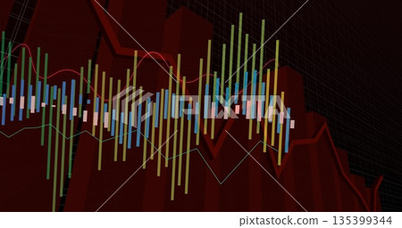 Displaying 3D red columns and multicolored bar segments over black grid backdrop, with trend lines 135399344