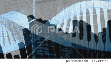 Curving central ribbon displaying alternating blocks in abstract digital space, with code overlays Curving central ribbon displaying alternating blocks in abstract digital space, with code overlays 135399345