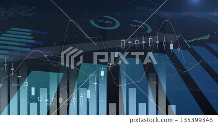 Displaying chart at trading dashboard, with blue bars, white candlesticks and turquoise charts Displaying chart at trading dashboard, with blue bars, white candlesticks and turquoise charts 135399346