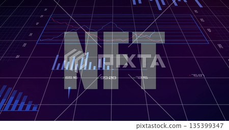 Displaying semi-transparent NFT floating over 3D grid dashboard, with bar charts and line graphs 135399347