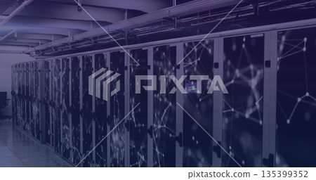 Glass-fronted racks lining data center aisle, with lit servers, cable trays and ducts, tile floor Glass-fronted racks lining data center aisle, with lit servers, cable trays and ducts, tile floor 135399352