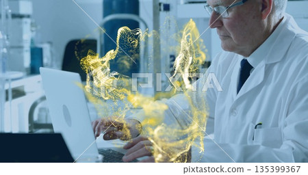 Working scientist in lab coat and tie typing on laptop in lab, holographic waveforms, copy space Working scientist in lab coat and tie typing on laptop in lab, holographic waveforms, copy space 135399367