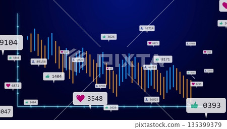 Displaying data visualization on dark blue backdrop with axes, orange and blue bars and labels 135399379