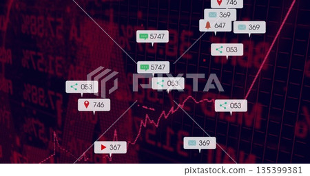 Displaying red-toned line graph on data dashboard with numeric grid, floating notification icons 135399381