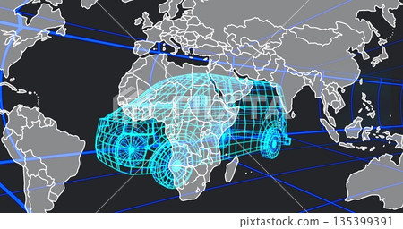 Hovering cyan-blue wireframe SUV model above virtual grid plane, with world map outlines 135399391