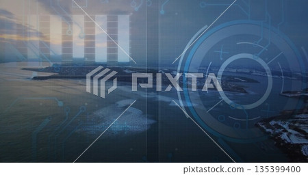 Showing aerial rocky islands at dusk, with bar chart, circular HUD, circuit lines, grid overlay 135399400