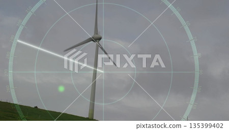 Showing wind turbine on grassy hill, with radar overlay showing crosshair, circles, sweep beam 135399402