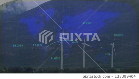 Spinning white wind turbines rotating in foothills, with digital map, grid lines and data points Spinning white wind turbines rotating in foothills, with digital map, grid lines and data points 135399404