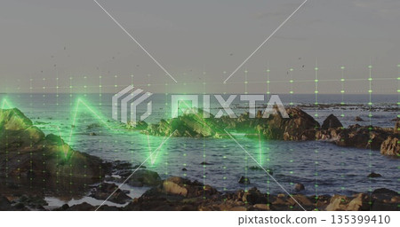 Lapping waves flowing through tidal pools on rocky shore, with neon green digital grid overlay Lapping waves flowing through tidal pools on rocky shore, with neon green digital grid overlay 135399410