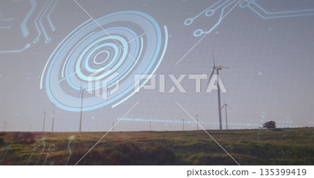 Displaying large wind turbine rotating under clear sky at wind farm, with HUD overlays, copy space Displaying large wind turbine rotating under clear sky at wind farm, with HUD overlays, copy space 135399419