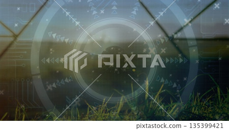 Emerging grass blades displaying HUD in greenhouse, with arrows, triangles, crosses and circuitry Emerging grass blades displaying HUD in greenhouse, with arrows, triangles, crosses and circuitry 135399421