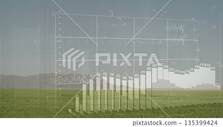 Displaying data visualization hovering over green grass plain, featuring bar chart and line graphs Displaying data visualization hovering over green grass plain, featuring bar chart and line graphs 135399424