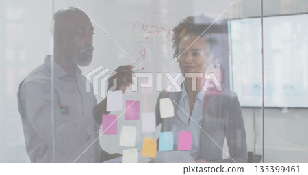 Collaborating professionals annotating glass wall in office area, with red marker and sticky notes 135399461