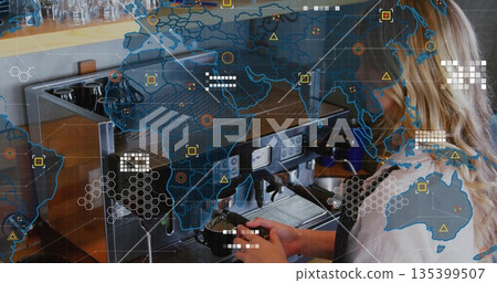 Barista wearing apron operating espresso machine, pulling shot with portafilter at cafe, copy space 135399507