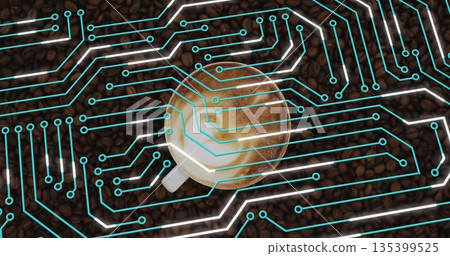 Displaying single ceramic coffee cup resting on roasted coffee beans, with glowing circuit traces Displaying single ceramic coffee cup resting on roasted coffee beans, with glowing circuit traces 135399525
