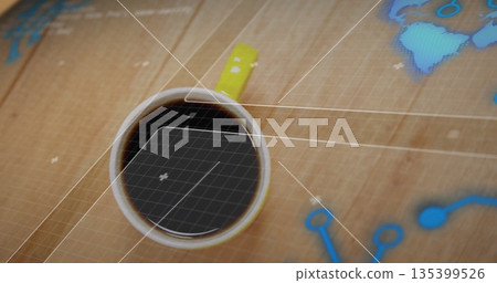 Showing coffee mug with lime-green handle resting on desk, with grid overlay and blue map fragment Showing coffee mug with lime-green handle resting on desk, with grid overlay and blue map fragment 135399526