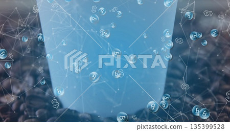 Showing cylinder above coffee beans on desk with Bitcoin and dollar symbol bubbles on network lines Showing cylinder above coffee beans on desk with Bitcoin and dollar symbol bubbles on network lines 135399528