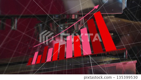 Displaying ascending red and pink bar chart with arrow over machining workshop, CNC head and clamps Displaying ascending red and pink bar chart with arrow over machining workshop, CNC head and clamps 135399530