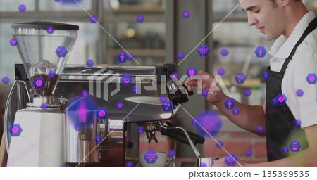 Steaming milk aproned barista using espresso machine in cafe, with floating hex icons, copy space Steaming milk aproned barista using espresso machine in cafe, with floating hex icons, copy space 135399535