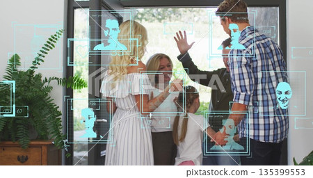 Greeting extended family gathering near glass door in home entryway, with biometric facial overlays Greeting extended family gathering near glass door in home entryway, with biometric facial overlays 135399553