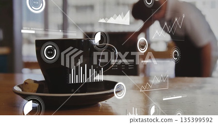 Resting black ceramic coffee cup and pastry on table at coffee shop, with floating digital charts Resting black ceramic coffee cup and pastry on table at coffee shop, with floating digital charts 135399592