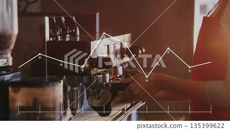 Barista in red apron pulling espresso shot on espresso machine behind coffee bar, with data overlay Barista in red apron pulling espresso shot on espresso machine behind coffee bar, with data overlay 135399622