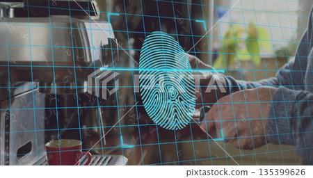 Operating senior man adjusting dial on coffee machine at kitchen counter with fingerprint overlay Operating senior man adjusting dial on coffee machine at kitchen counter with fingerprint overlay 135399626