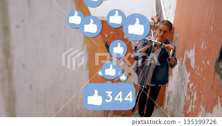 Man in denim jacket and backpack carrying bicycle up alley stairway, floating thumbs-up icons 344 135399726