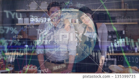 Leaning couple wearing aprons in cafe displaying pastries coffee machine and binary globe charts 135399735