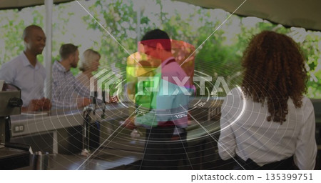 Handing barista in white shirt black apron serving steaming coffee at cafe counter, glass partition 135399751