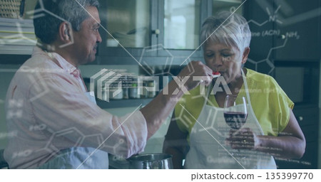 Feeding senior couple sampling stew from pot in home kitchen, with red spoon, wine glass Feeding senior couple sampling stew from pot in home kitchen, with red spoon, wine glass 135399770