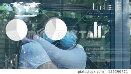 Hugging Chinese woman and child wearing protective masks at glass partition, with digital charts Hugging Chinese woman and child wearing protective masks at glass partition, with digital charts 135399771