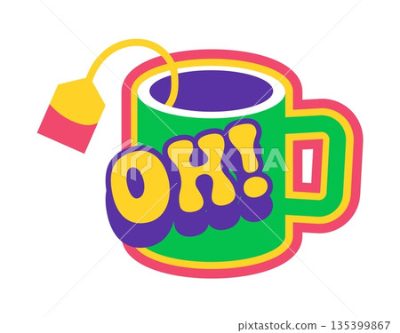 Retro Y2K groovy cup of tea sticker or funky tag. Retro nostalgic vector label, vintage cool sticker. Funky 90s patch or Y2K 2000s tag with vibrant colors mug, tea packet tag and typography 135399867