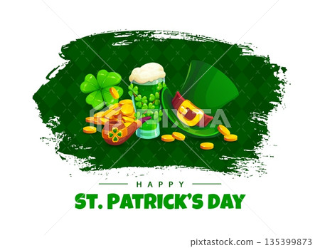 Happy St Patrick Day holiday grunge greeting banner. Vector leprechaun hat, green beer glass and smoking pipe, shamrock clover and gold coins pile cartoon banner for St Patrick holiday greeting card Happy St Patrick Day holiday grunge greeting banner. Vector leprechaun hat, green beer glass and smoking pipe, shamrock clover and gold coins pile cartoon banner for St Patrick holiday greeting card 135399873