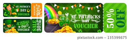 St Patrick's day sale coupons, holiday discount flyer. Spring sale vector banner or discount coupon. Saint Patrick day holiday sale offer card with leprechaun, pot of gold and rainbow, shamrock clover St Patrick's day sale coupons, holiday discount flyer. Spring sale vector banner or discount coupon. Saint Patrick day holiday sale offer card with leprechaun, pot of gold and rainbow, shamrock clover 135399875