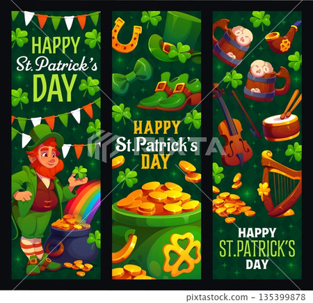 Happy St Patrick Day banners of cartoon leprechaun character with clovers, gold pot and rainbow. Vector irish holiday green beer, St Patrick lucky coins, horseshoe and shamrock leaves greeting banners 135399878