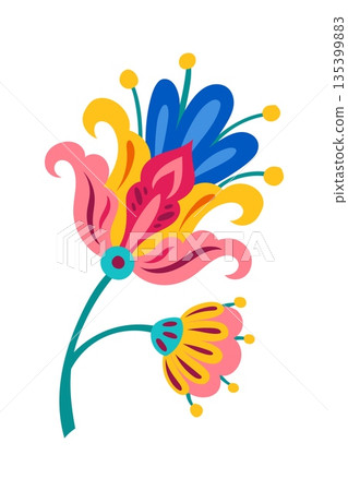 Mexican national print colorful flower element with two pink blue and yellow buds. Mexican folk floral object, Latin American culture plant isolated vector decoration. Hispanic flower decor 135399883