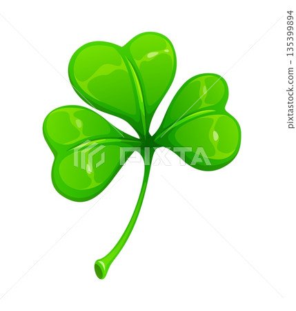 Saint Patricks day celebration shamrock clover leaf. Irish holiday shamrock clover leaf, Saint Patrick celebration isolated vector object. Ireland party attribute or spring festive cartoon item 135399894