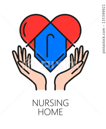 Elderly care service nursing home color line icon or sign. Older person care home lineart sign, senior help service vector icon. Elderly nursing work pictogram with human hands holding heart and home Elderly care service nursing home color line icon or sign. Older person care home lineart sign, senior help service vector icon. Elderly nursing work pictogram with human hands holding heart and home 135399921