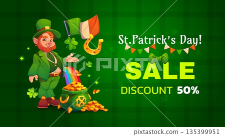Happy saint patrick's day sale banner or flyer. Spring seasonal discounts vector poster. Saint Patrick holiday sale flyer with leprechaun cute character, shamrock clover, horseshoe and gold cauldron Happy saint patrick's day sale banner or flyer. Spring seasonal discounts vector poster. Saint Patrick holiday sale flyer with leprechaun cute character, shamrock clover, horseshoe and gold cauldron 135399951