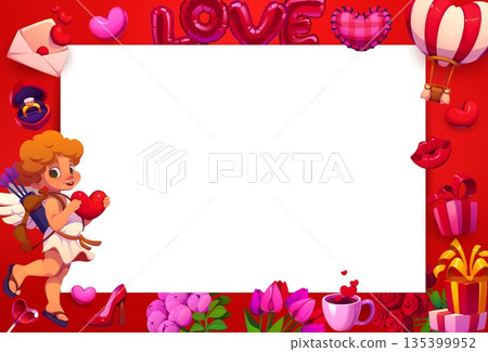 Valentine's day holiday greetings card frame. Romance day vector poster, romantic party banner. Saint Valentine holiday greeting card with cupid cute character, flowers and gifts, balloons and ring 135399952